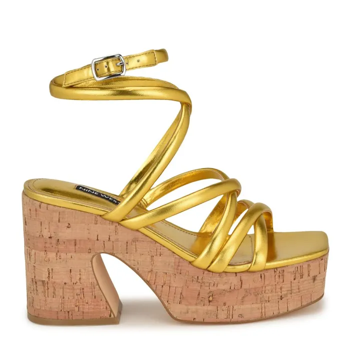 Corke Platform Wedge Strappy Sandals Yellow Women Nine West Wedges