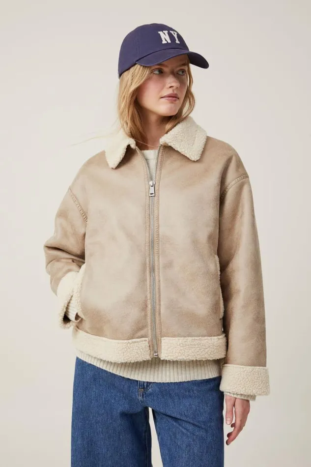 Cotton On Jackets Dakota Faux Leather Jacket Taupe Sherpa 8211 Women