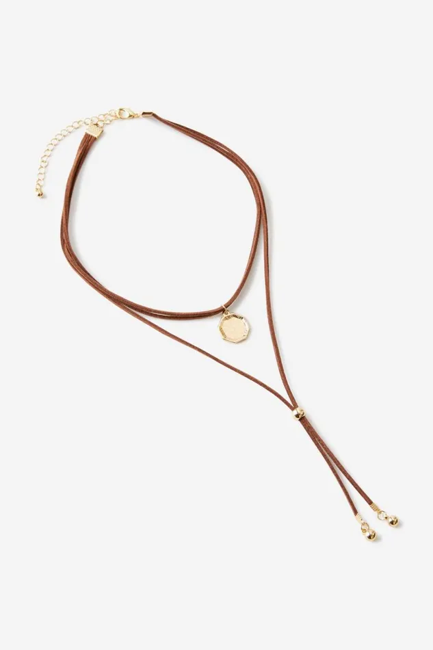 Cotton On Jewelry Choker Necklace Up Brown Cord Hammered Pendant 8211 Women