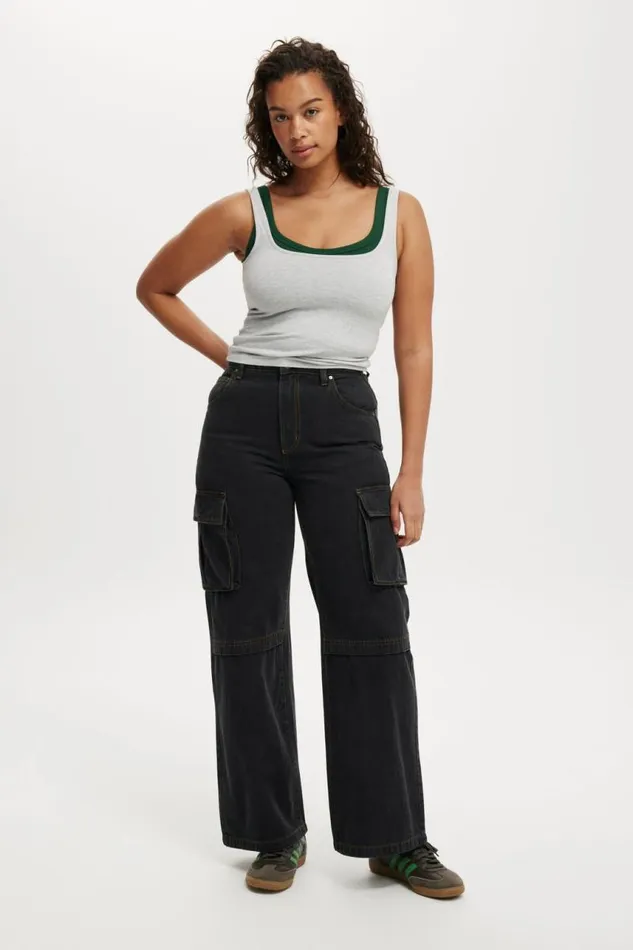 Cotton On Pants Curvy Cargo Wide Jean Smokey Black 8211 Women