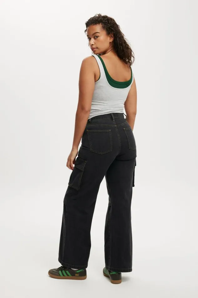 Cotton On Pants Curvy Cargo Wide Jean Smokey Black 8211 Women