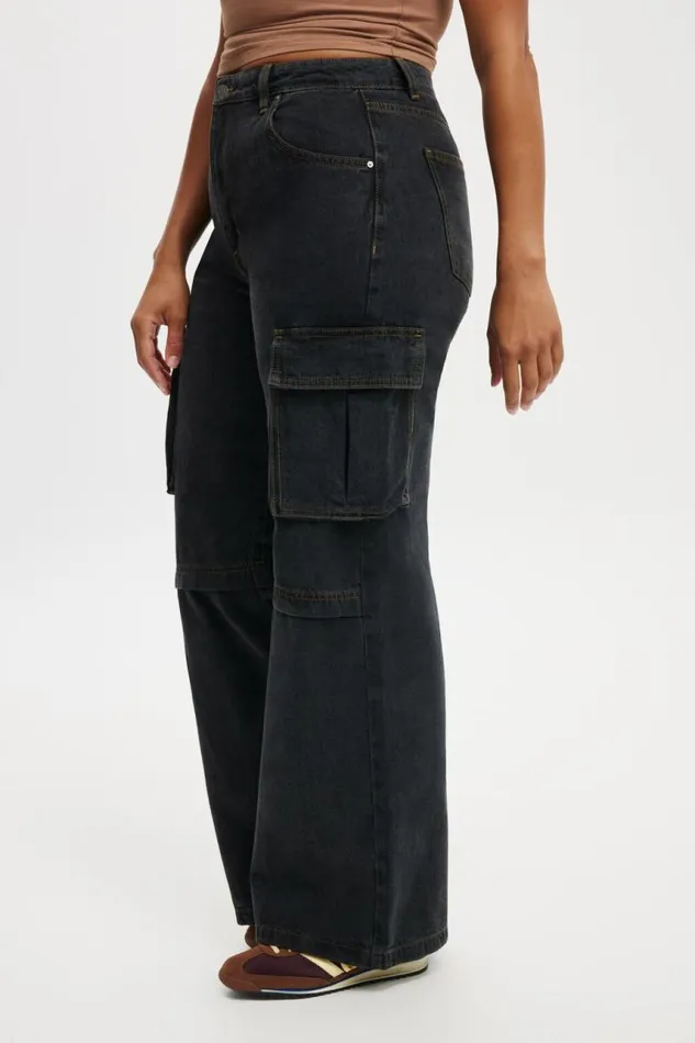 Cotton On Pants Curvy Cargo Wide Jean Smokey Black 8211 Women