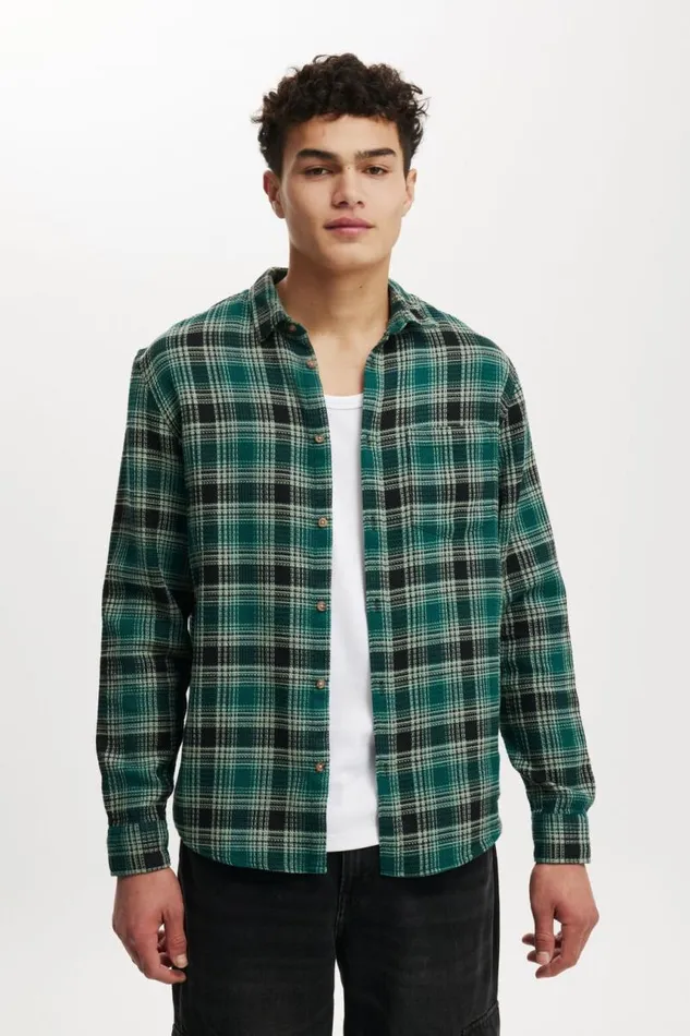 Cotton On Shirts and Polos Boston Long Sleeve Shirt Emerald Waffle Check 8211 Men