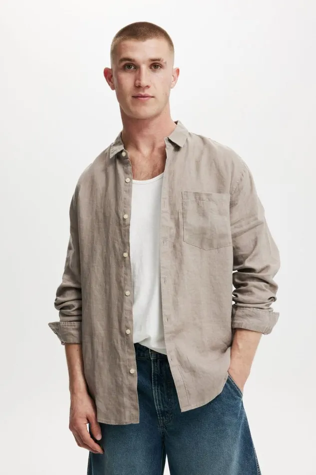 Cotton On Shirts and Polos Linen Long Sleeve Shirt Dove 8211 Men