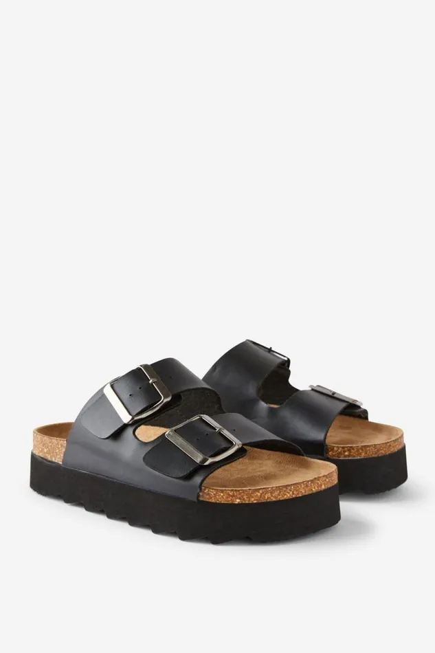 Cotton On ShoesandSlippers Rex Flatform Buckle Slide Black Smooth 8211 Women Cotton On ShoesandSlippers Rex Flatform Buckle Slide Black Smooth 8211 Women
