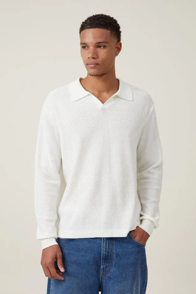 Cotton On Sweaters Jimmy Long Sleeve Polo Vintage White 8211 Men