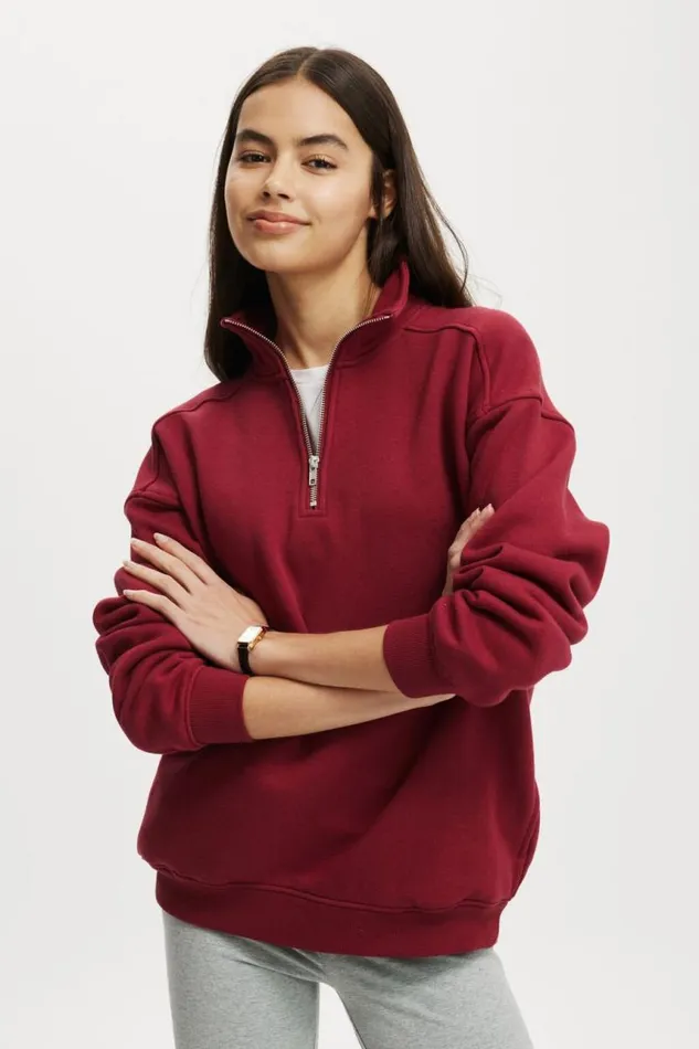 Cotton On SweatsandHoodies Classic Fleece Oversized Half Zip Sweatshirt Cherry Rouge 8211 Women Cotton On SweatsandHoodies Classic Fleece Oversized Half Zip Sweatshirt Cherry Rouge 8211 Women