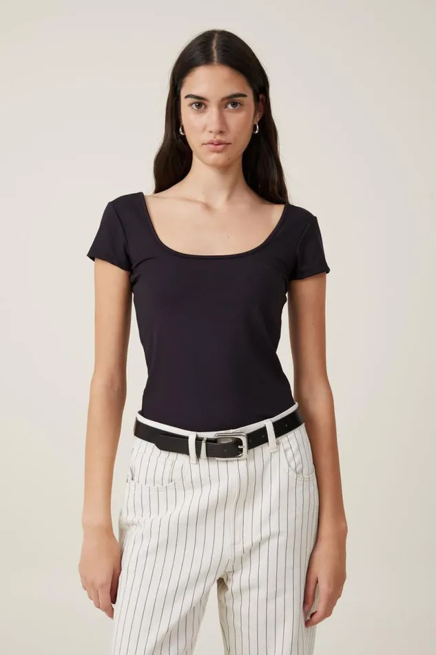 Cotton On Tops Emily Double Scoop Short Sleeve Black 8211 Women