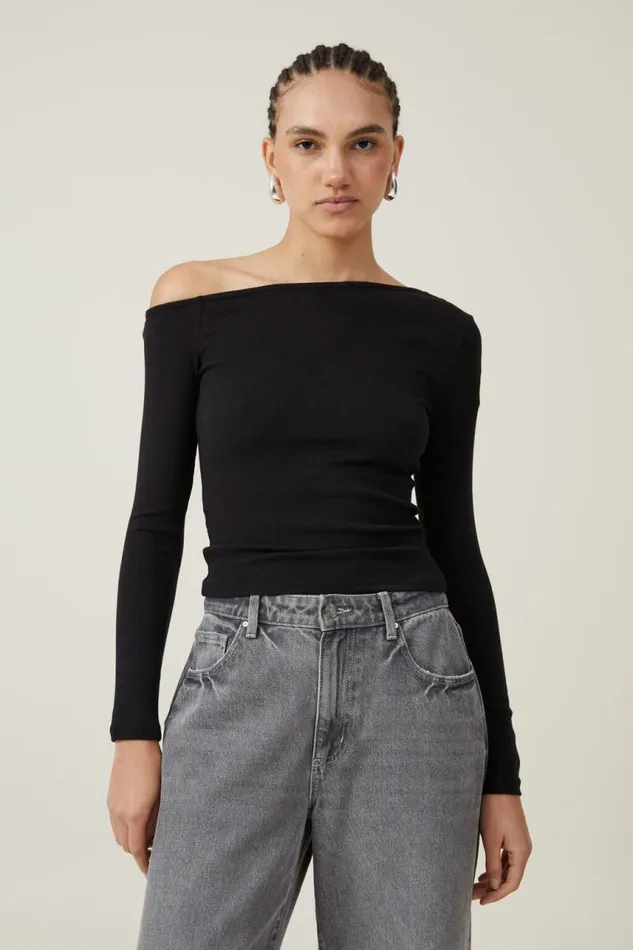 Cotton On Tops Essential Rib Asymmetric Long Sleeve Top Black 8211 Women