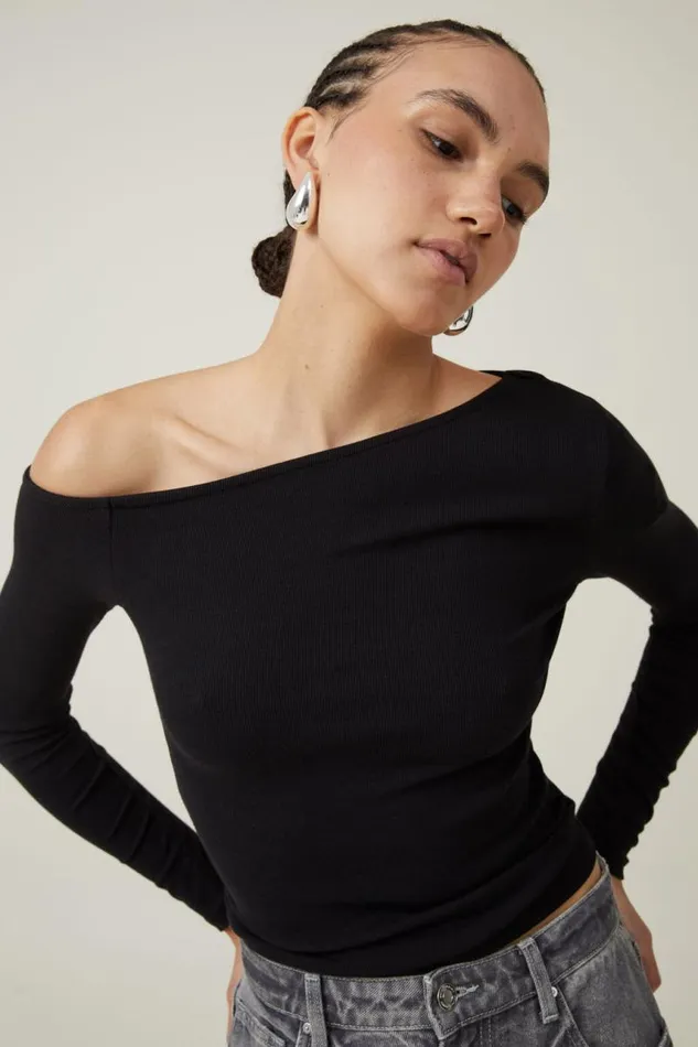 Cotton On Tops Essential Rib Asymmetric Long Sleeve Top Black 8211 Women