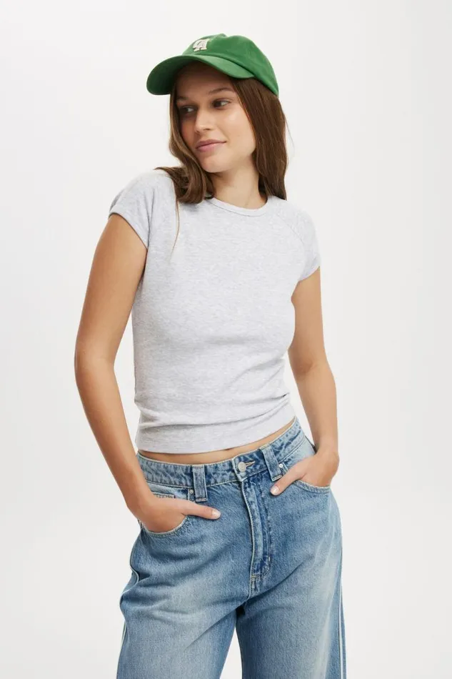 Cotton On Tops Essential Rib Raglan Cap Sleeve Top Grey Marle 8211 Women