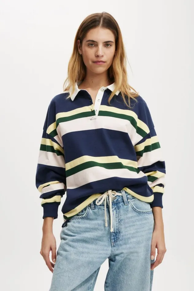 Cotton On Tops Oversized Long Sleeve Polo Multi Stripe 8211 Women