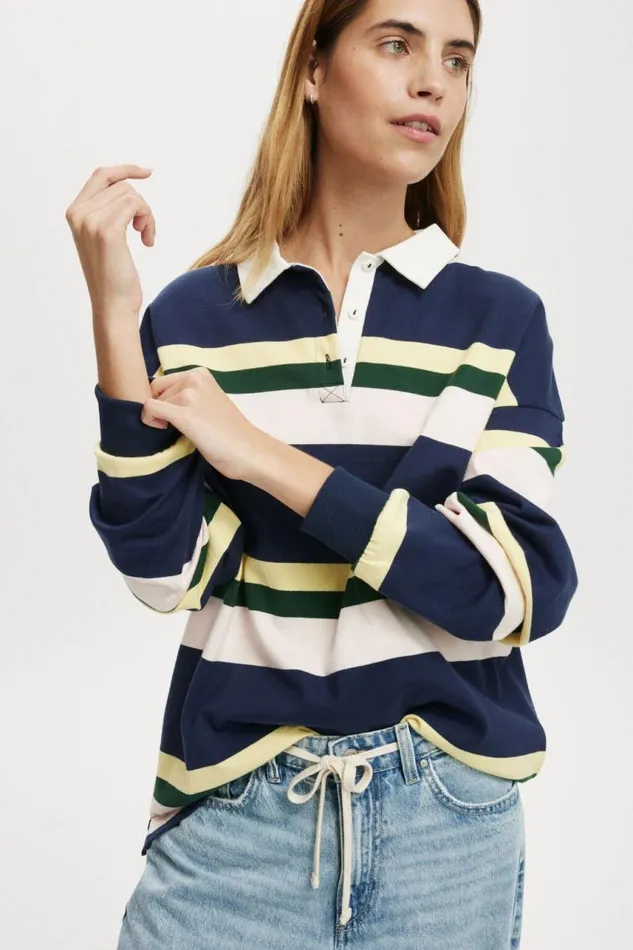 Cotton On Tops Oversized Long Sleeve Polo Multi Stripe 8211 Women