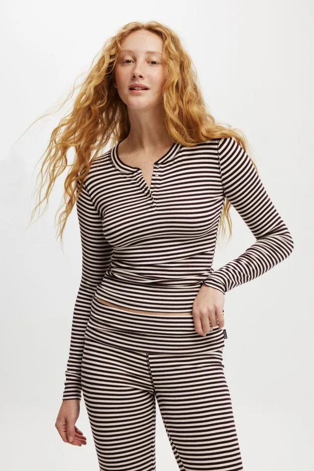 Cotton On Tops Sleep Recovery Henley Long Sleeve Burgundy Cream Stripe 8211 Women