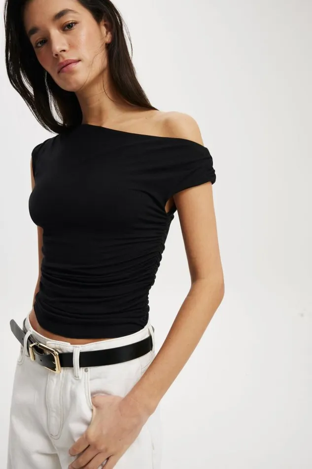 Cotton On Tops Staple Rib Rouched Short Sleeve Top Black 8211 Women