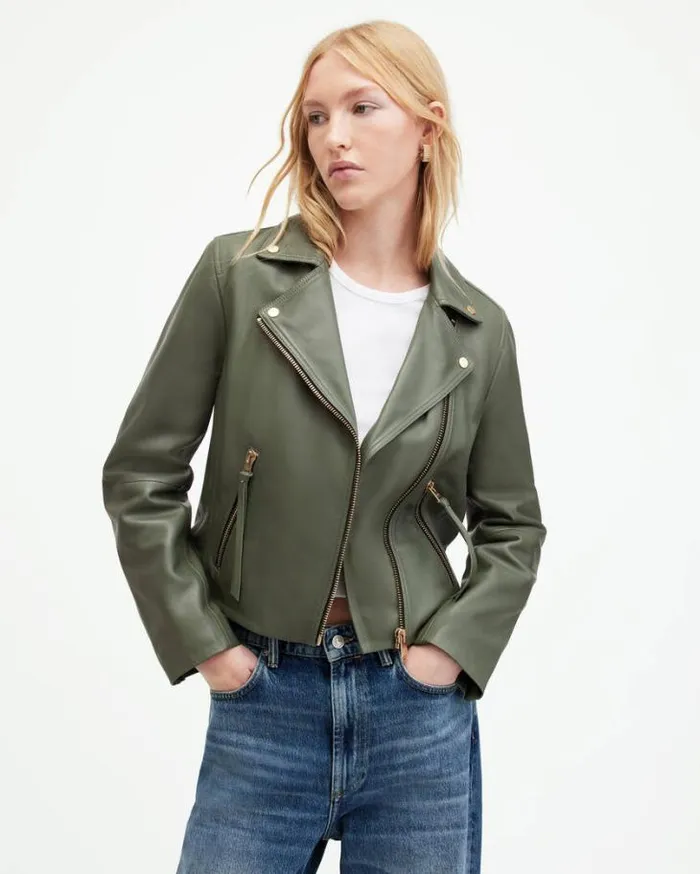 Dalby Slim Fit Leather Biker Jacket Deep Sage Green Women AllSaints Jackets and Coats
