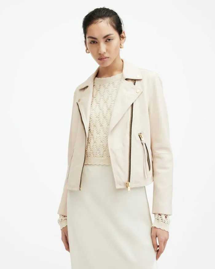 Dalby Slim Fit Leather Biker Jacket Ivory White Women AllSaints Leather Jackets