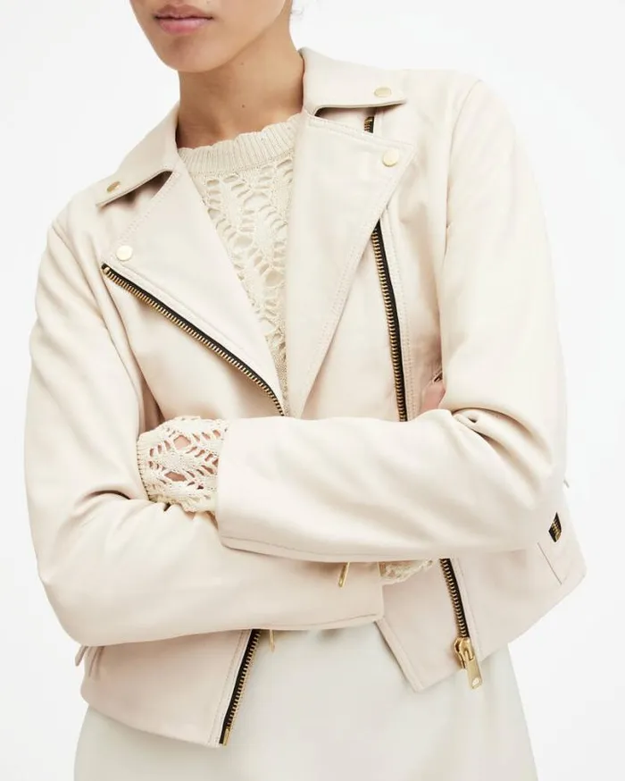 Dalby Slim Fit Leather Biker Jacket Ivory White Women AllSaints Leather Jackets Dalby Slim Fit Leather Biker Jacket Ivory White Women AllSaints Leather Jackets