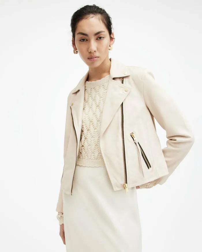 Dalby Slim Fit Leather Biker Jacket Ivory White Women AllSaints Leather Jackets Dalby Slim Fit Leather Biker Jacket Ivory White Women AllSaints Leather Jackets