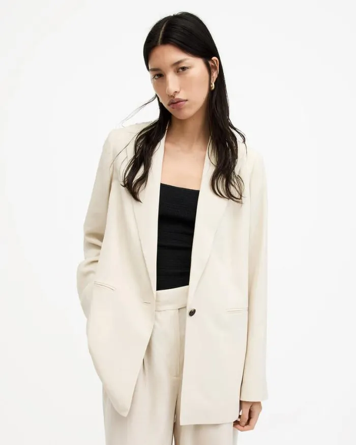 Deri Lyn Linen Blend Blazer Cream White Women AllSaints Jackets and Coats