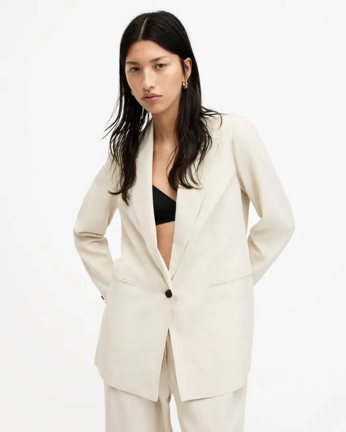 Deri Lyn Linen Blend Blazer Cream White Women AllSaints Jackets and Coats