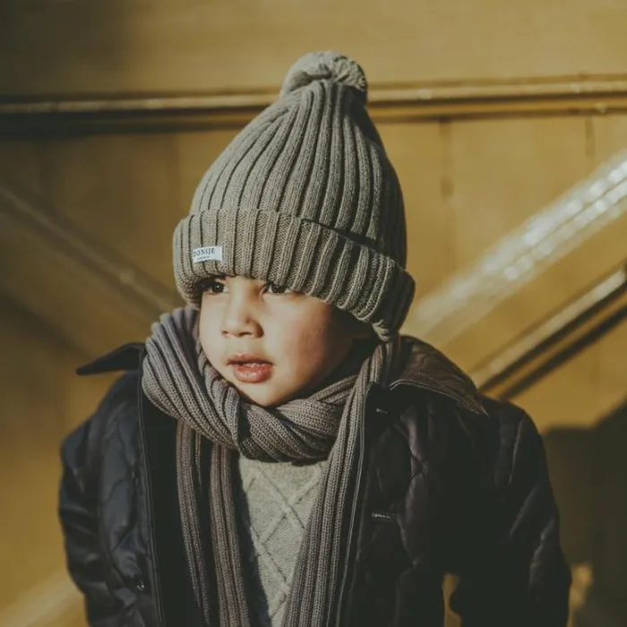 Donsje Amsterdam Hats and Mittens Boys Poppom Hat Grey Beige Melange