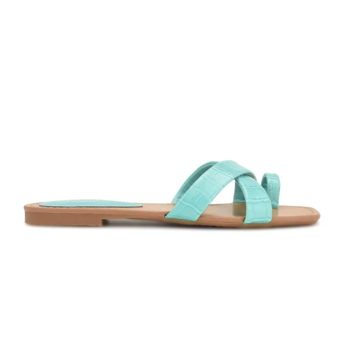 Dotty Flat Slide Sandals Aqua Blue Embossed Croco Women Nine West Low Heel