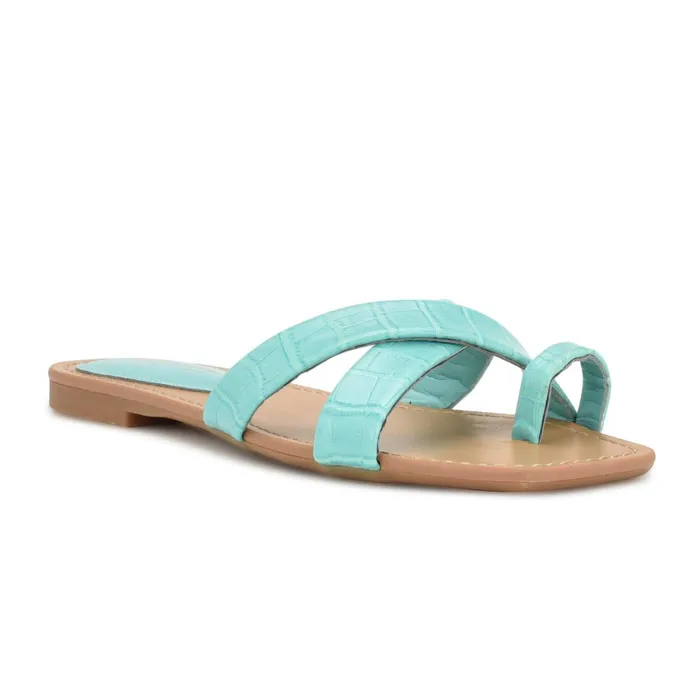 Dotty Flat Slide Sandals Aqua Blue Embossed Croco Women Nine West Low Heel Dotty Flat Slide Sandals Aqua Blue Embossed Croco Women Nine West Low Heel