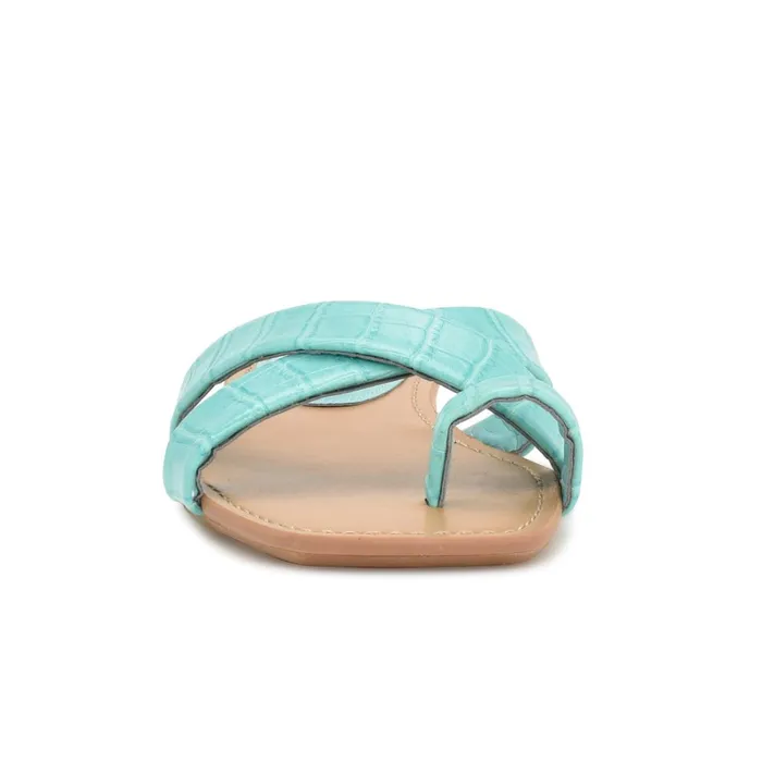 Dotty Flat Slide Sandals Aqua Blue Embossed Croco Women Nine West Low Heel Dotty Flat Slide Sandals Aqua Blue Embossed Croco Women Nine West Low Heel