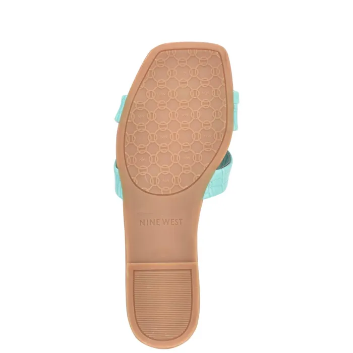 Dotty Flat Slide Sandals Aqua Blue Embossed Croco Women Nine West Low Heel Dotty Flat Slide Sandals Aqua Blue Embossed Croco Women Nine West Low Heel