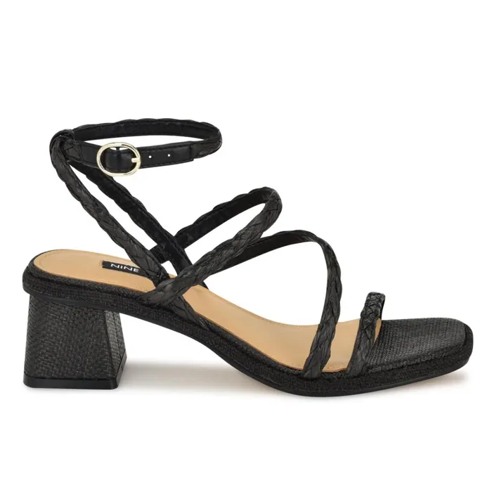 Emolly Raffia Block Heel Sandals Black Raffia Women Nine West Dress