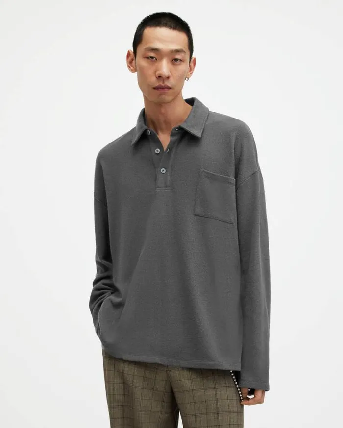 Eris Long Sleeve Oversized Polo Shirt Washed Black Men AllSaints TShirts