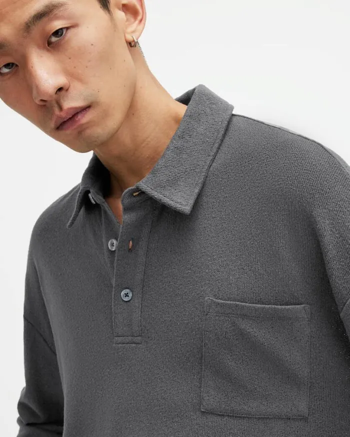 Eris Long Sleeve Oversized Polo Shirt Washed Black Men AllSaints TShirts