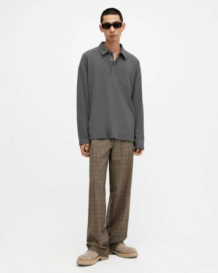 Eris Long Sleeve Oversized Polo Shirt Washed Black Men AllSaints TShirts
