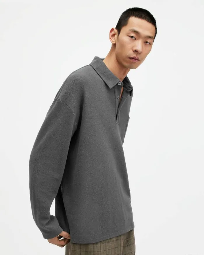 Eris Long Sleeve Oversized Polo Shirt Washed Black Men AllSaints TShirts