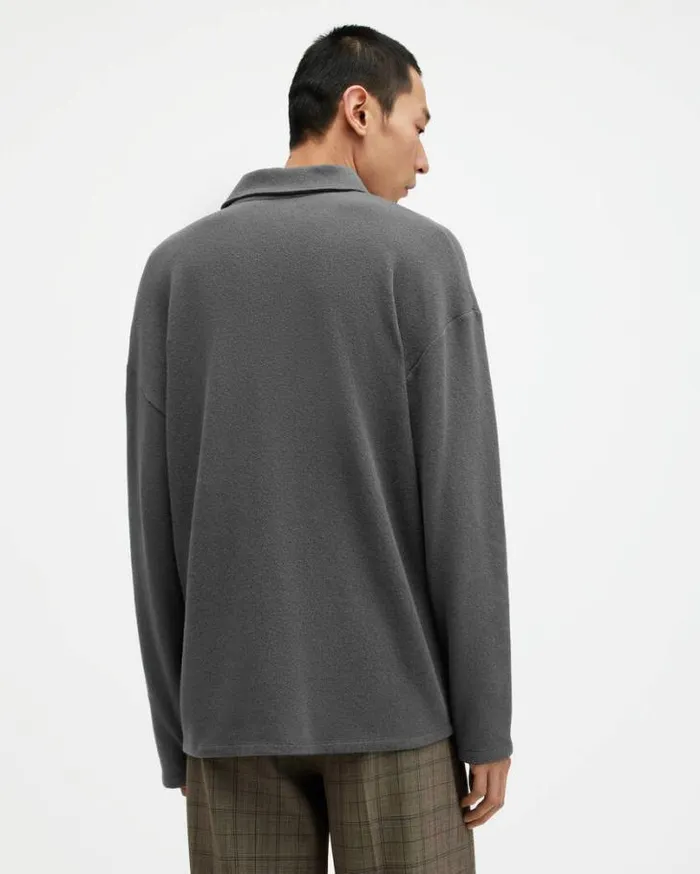 Eris Long Sleeve Oversized Polo Shirt Washed Black Men AllSaints TShirts