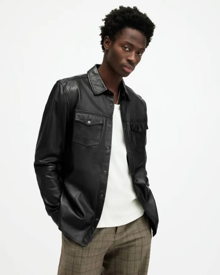 Ethan Lightweight Leather Shirt Black Men AllSaints Shirts