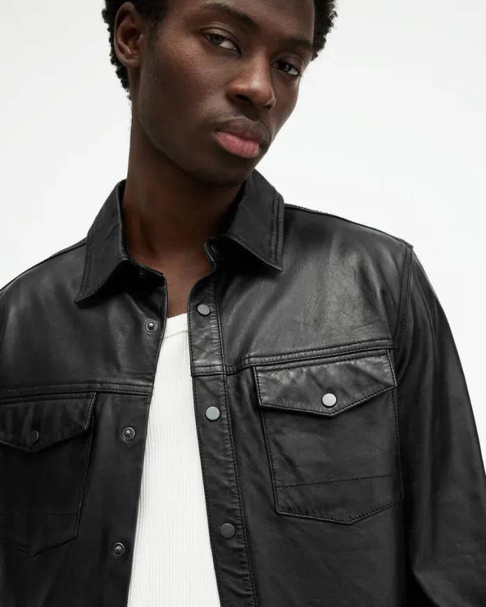 Ethan Lightweight Leather Shirt Black Men AllSaints Shirts