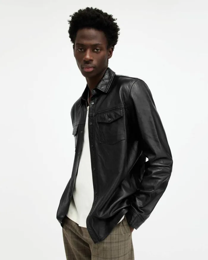 Ethan Lightweight Leather Shirt Black Men AllSaints Shirts