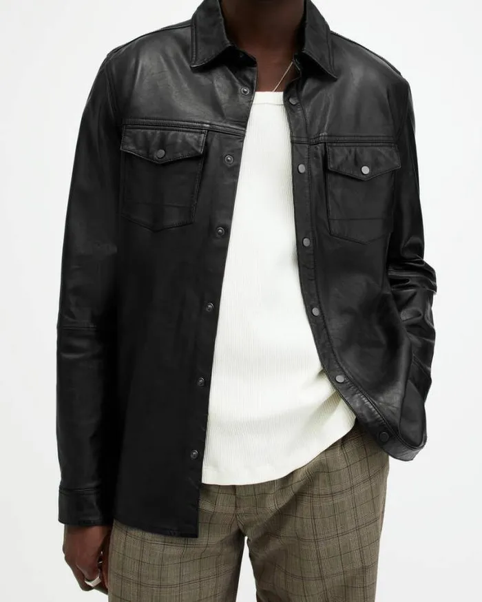 Ethan Lightweight Leather Shirt Black Men AllSaints Shirts