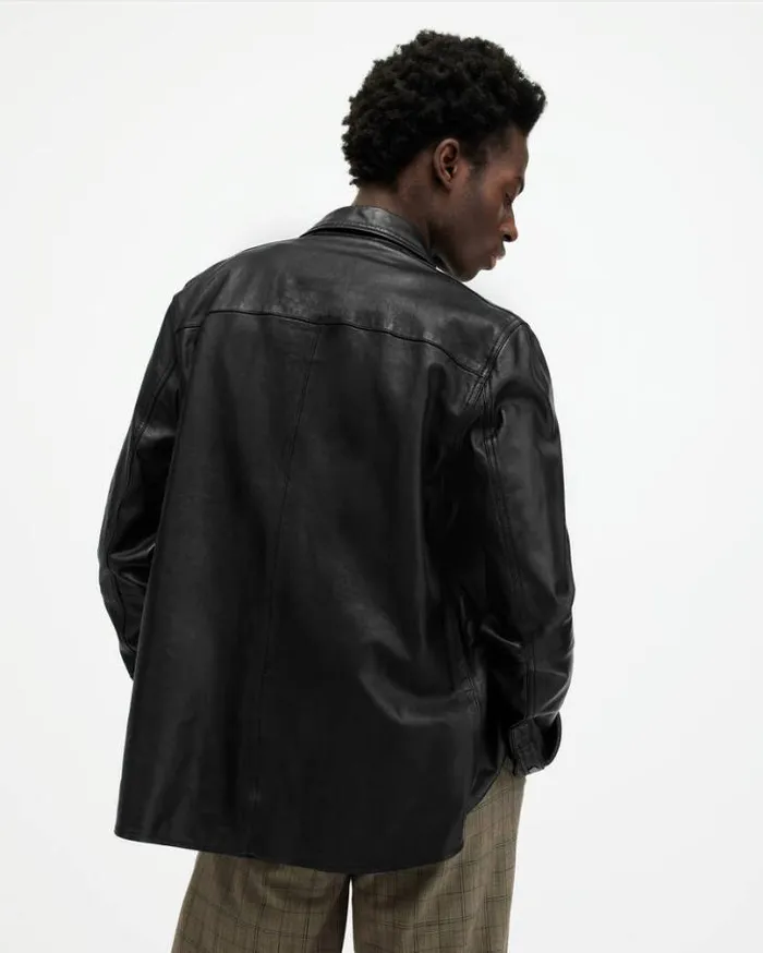 Ethan Lightweight Leather Shirt Black Men AllSaints Shirts