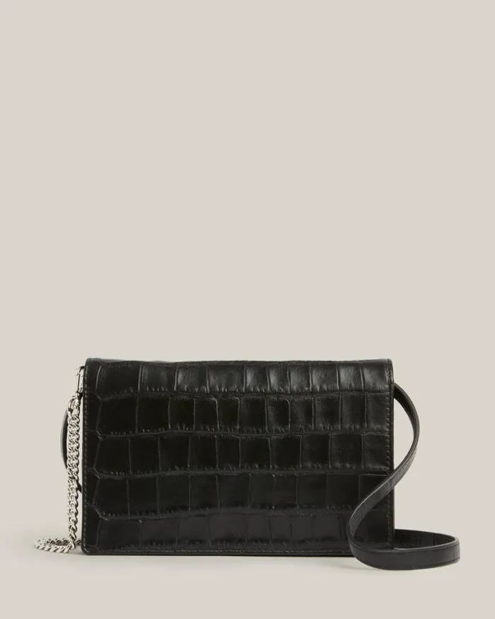 Fetch Leather Chain Crossbody Wallet Black Croc Women AllSaints Handbags and Wallets