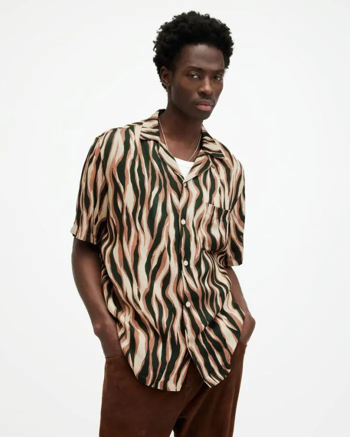 Fired Abstract Print Relaxed Fit Shirt Camel Brown Men AllSaints Shirts
