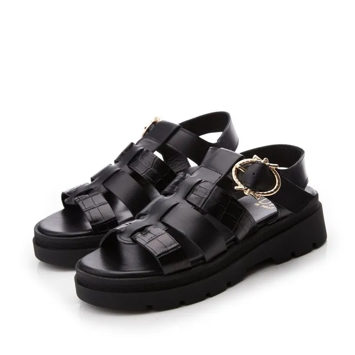 Flatform Sandals Women Moda In Pelle Obsidian Black Leather