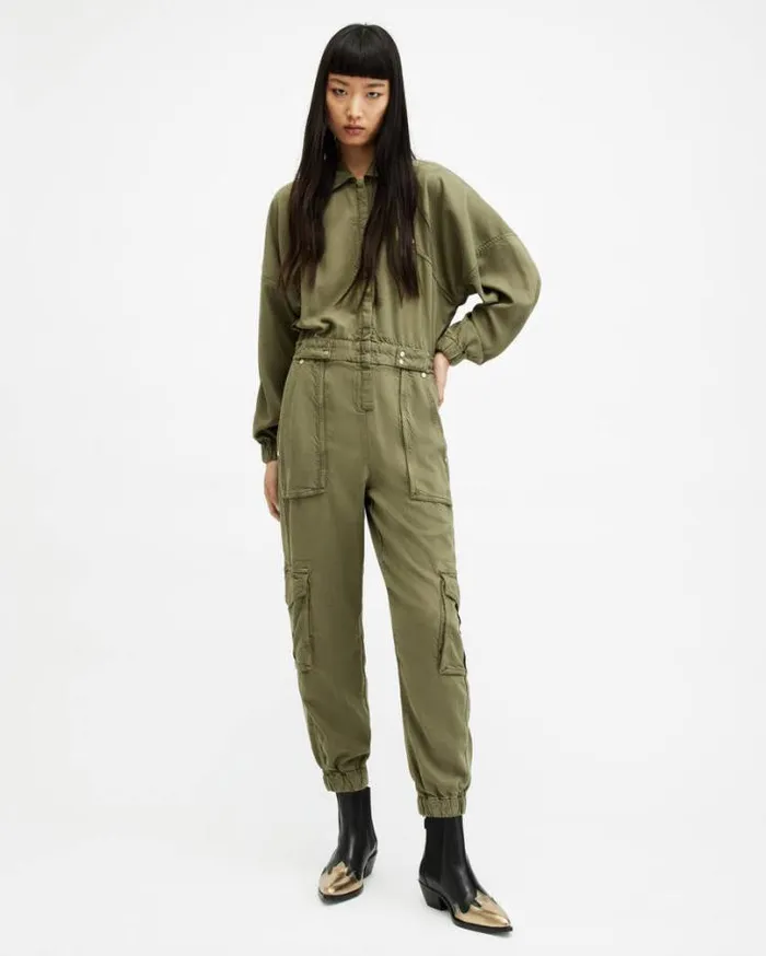 Frieda Relaxed Fit Denim Jumpsuit Khaki Green Women AllSaints Dresses