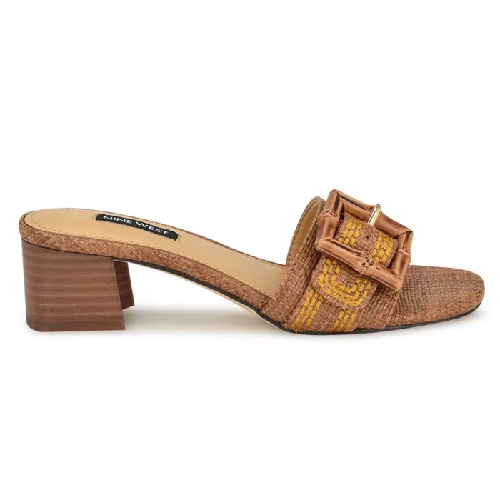 Garta Buckle Slide Sandals Brown Raffia Women Nine West Low Heel