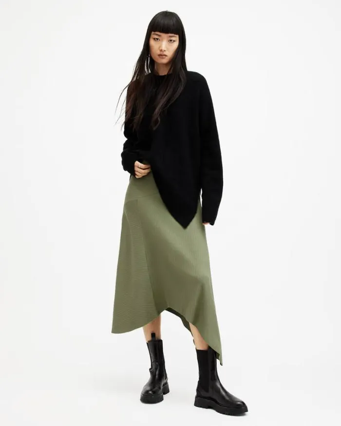 Gia Ribbed Asymmetric Midi Skirt Grass Green Women AllSaints Skirts and Shorts