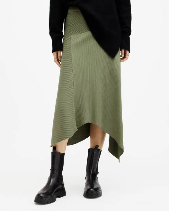 Gia Ribbed Asymmetric Midi Skirt Grass Green Women AllSaints Skirts and Shorts Gia Ribbed Asymmetric Midi Skirt Grass Green Women AllSaints Skirts and Shorts