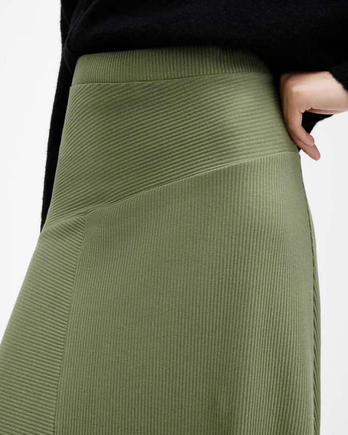 Gia Ribbed Asymmetric Midi Skirt Grass Green Women AllSaints Skirts and Shorts Gia Ribbed Asymmetric Midi Skirt Grass Green Women AllSaints Skirts and Shorts