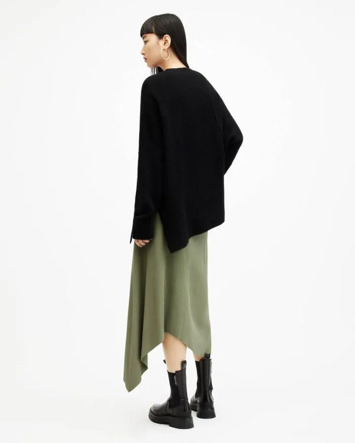 Gia Ribbed Asymmetric Midi Skirt Grass Green Women AllSaints Skirts and Shorts Gia Ribbed Asymmetric Midi Skirt Grass Green Women AllSaints Skirts and Shorts